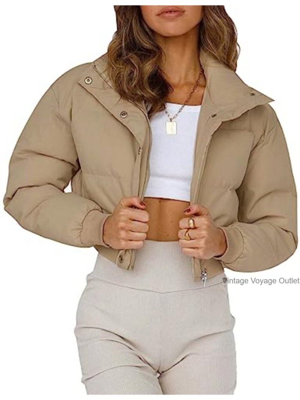 Cropped Puffer Jacket Padded Long Sleeve Bubble Coat Winter Warm Outerwear